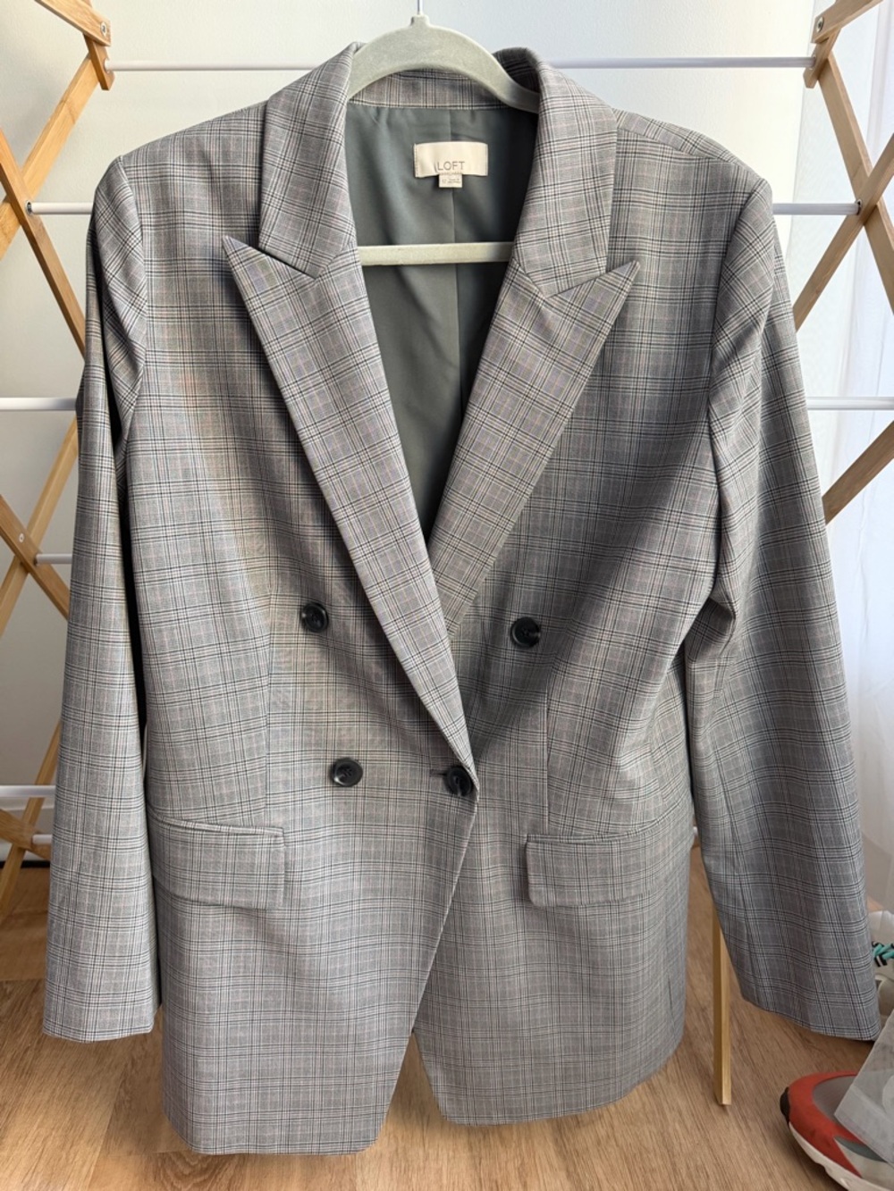 LOFT Gray Plaid Double-Breasted Blazer